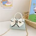 Mini borsa verde pied-de-poule da bambina con fiocco di pizzo e manico di perle - Fiocco Verde