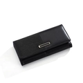 Close-up of black PU leather long wallet featuring wavy texture and metal hardware - Black