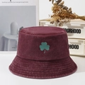 Vintage dark burgundy bucket hat with green clover embroidery in washed cotton style - Burgundy