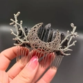 Silver crescent moon hair comb with branch design and raw black crystal stones - Black + Branch + Moon