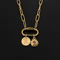 Stainless steel paperclip necklace with letter X and pink sunflower pendants - Gold / Letter X