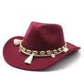 Sombrero vaquero granate de fieltro con decoración bohemia de conchas y monedas metal - M (56-58cm) / Burdeos