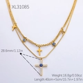 Dubbellaagse gouden roestvrijstalen ketting met kruishanger en blauwe boze oog kralen - Kruis Boze Oog (XL31085)