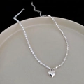 Unique heart pendant necklace with elegant half pearl and half silver cube chain design - Heart Pearl Broken Silver Necklace