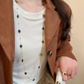 Detail shot of vintage Maillard tiger eye beaded long necklace and matching ring on model - Gold Oval Stone Retro Long (45#)