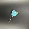 Detail of handmade sky blue satin rose brooch with golden leaf and long pin for men suit - Blue