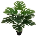 Detailed view of artificial Monstera plant with white edged leaves in a black pot - 12-Head White Edge Monstera (Without Pot)