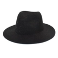 Detailed close-up of the black straw fedora showing high-quality woven texture and crown - Black