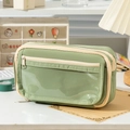 Detail of multi-layer large capacity green pencil case with transparent front pocket - Green