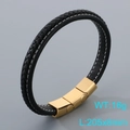 Bracelet tressé en cuir noir pour homme avec fermoir magnétique doré longueur 205mm - Petit Double Fermoir Doré (KB205362-JR)