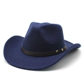 Classic dark blue wool felt western cowboy hat with brown leather band and brass rivets - M (56-58cm) / Navy Blue