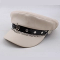 Chic cream white PU leather newsboy cap with black strap and silver chain detail - One Size 57-58cm / Anchor Decor Flat Top (船瞄平顶米色) / Beige