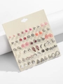 30 pairs of silver and pink assorted stud earrings with floral and animal shapes - Sweet Coral Pink Series (FX802)