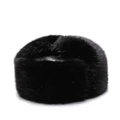 Winter faux fox fur aviator hat with thick black leather top and ear flaps for warmth - Black Faux Fur