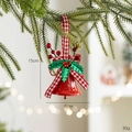Red Christmas bell ornament with red and white checkered bow hanging on pine branch - Open Bell / Red