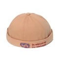 Detail of khaki cotton docker hat showing orange LET'S patch and red slogan embroidery - Khaki