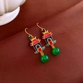 Boucles d'oreilles chinoises traditionnelles en émail avec design de palais et perles - Crochet-Vert (Style Pavillon Chinois)