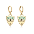 Detailed view of gold plated shield earrings with evil eye enamel and zircon stones - 42568 Blue Evil Eye