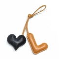 Handmade leather bag charm with a black heart and brown letter L pendant - Light Brown L with Black Heart