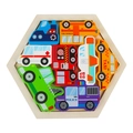 Wooden transportation puzzle for kids featuring colorful bus and taxi hexagon blocks - Theme Hexagon - Transport