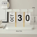 White wood desk calendar with gold metal frame showing dimensions and weight 233g - White (Assembly Style)