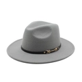 Detail of gray wool fedora hat featuring a black leather band and gold metal buckle accent - M (56-58cm) / Gray