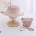 Conjunto de sombrero de paja rosa y bolso de encaje con perlas para playa de niños - Juego de Sombrero y Bolso / Rosa