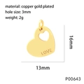 Detailed view of heart-shaped gold plated charm with love engraving and size 16mm x 13mm - P00643/LOVE Engraved Heart