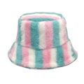 Close-up of thick plush bucket hat featuring pink and mint green vertical stripes - Pink Green White (3#)