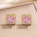 Gold square earrings with pink gemstones and sparkling zircon pavé setting - Pink Zirconia Stud Earrings
