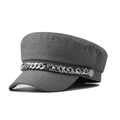 Dark grey vintage baker boy hat with silver rhinestone chain decoration on white background - L(58-60cm) / Gray