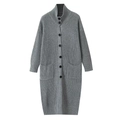 Detail of grey long knit cardigan showing wool-like texture, black buttons, and large pockets - S / Gray