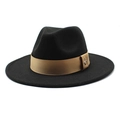 Black wool fedora hat with wide flat brim and khaki ribbon featuring a small gold bee pin - M (56-58cm) / Black