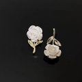 Elegant white rose stud earrings with golden leaves and pearlescent finish - No.34 Nacre Texture Rose (F3027)