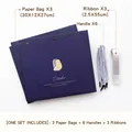 Deep blue Teacher gift bag set with 3 paper bags, blue striped handles and grey ribbons - Large / Salute Navy Blue