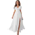 White maxi bridesmaid dress with flutter sleeves, V-neck, and high slit detail - US size 2 (S) / Bottoms / White