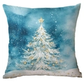 Blue Christmas pillow cover featuring watercolor white tree and golden ornaments - Winter White Xmas Tree