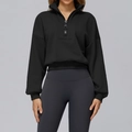 Felpa da donna nera con mezza zip, collo alto e vestibilità ampia per l'autunno - L / Nero Premium