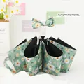 Automatic green folding umbrella with daisy floral print and cute bow handle decoration - 3-Fold Automatic Style - Green Floral