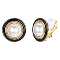 Close-up of gold geometric clip-on earrings with black enamel and white pearl detail - Gold Pearl Hoop