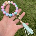Silicone bead keychain bracelet with tie-dye pattern, wood bead and faux leather tassel - A-007/Colorful Tie Dye + Mint Green Tassel