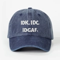 Detail of white embroidery IDK IDC IDGAF on washed dark blue denim baseball cap - One Size / Navy Blue