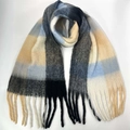 Checkered winter scarf in blue and beige tones with soft fringe detailing - 44# (Blue Beige Black White Classic Plaid)