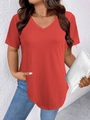Dettaglio maglia rossa con scollo a V, trama in maglia morbida e design a manica corta - Taglia S / Top / Arancione