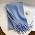 Soft light blue knitted plaid scarf with fringe tassels for winter warmth and comfort - Solid Denim Blue