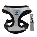 Grey breathable mesh pet harness and leash set with reflective paw print logo shield - Gray