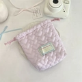 Pink heart quilted drawstring camera pouch with soft padded fabric for protection - Heart Pink Stripes