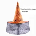 Orange Halloween witch hat with black spider web patterns and elegant lace veil - Veil Witch Hat Orange