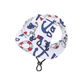 Close-up of canvas pet sun hat with anchor patterns and adjustable black chin strap - Navy Anchor
