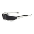Silver futuristic Y2K wraparound sunglasses with grey monolithic lens and wing temple tips - Silver Frame Gray Lens